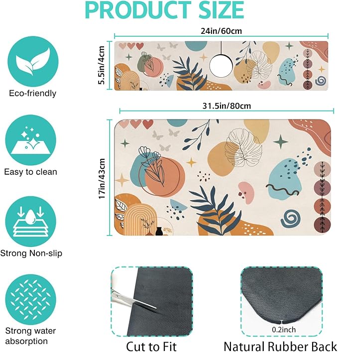 Dish Drying Mat for Kitchen Counter Matt, 2PCS 31.5"x17" Dish Drainer Mat & 24"x5.5" Sink Splash Guard, Super Absorbent Non-slip Rubber Backed