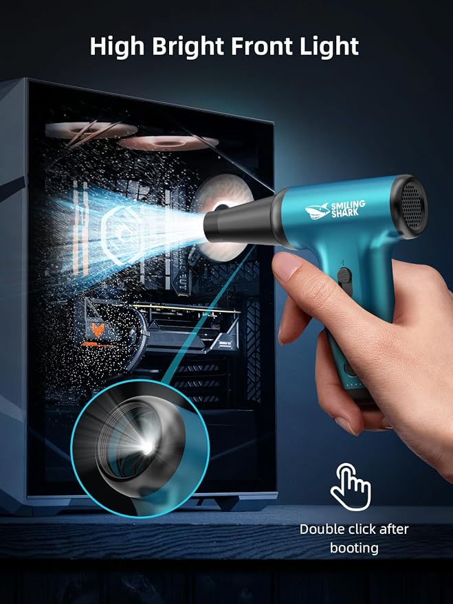 Smiling Shark Compressed Air Duster, JF-01 Brushless Motor Stepless Speed 130000RPM 5Kpa Rechargeable Cordless Electric Air Blower with LED Light for PC Cleaning/Keyboard/Car/Camping, (Blue)