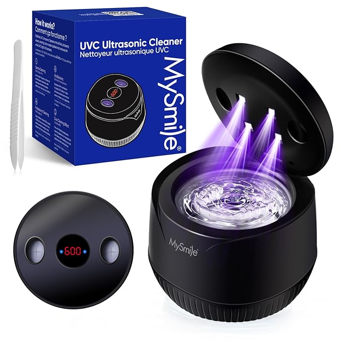 MySmile Dental Ultrasonic Retainer Cleaner Machine- 45kHz UV Denture Cleaner with 200ML Capacity for Aligner, Braces, Mouth Guard, Night Guard, Portable Dental Cleaning Pod with Digital Timer (Black)