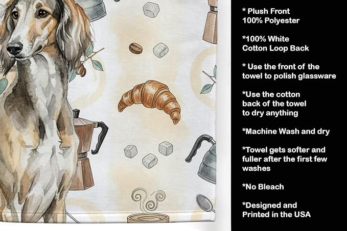 Caroline's Treasures Grizzle Saluki Coffee Bar Kitchen Towel Velour Plush Front and Cotton Loop Back Machine Washable