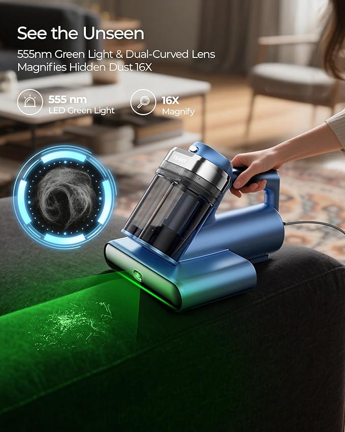 Teant Powerful Mattress Bed Vacuum Cleaner, 2-Speed (14kPa/18kPa) Mattress Vacuum with Green Light Dust Detection, 253.7nm UV-C Light, LED Display, HEPA Filter, 149℉ Heat, Aroma for Bed Couch
