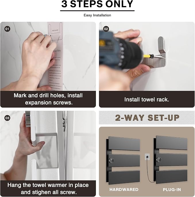 K&KALONZO Electric Towel Warmer, 18.35" W x 22.8" H Wall-Mounted Towel Heater with Built-in Timer, Waterproof Aluminum Towel Warmer for Bathroom, Support Plug-in and Hardwired, Black, K3-L-B