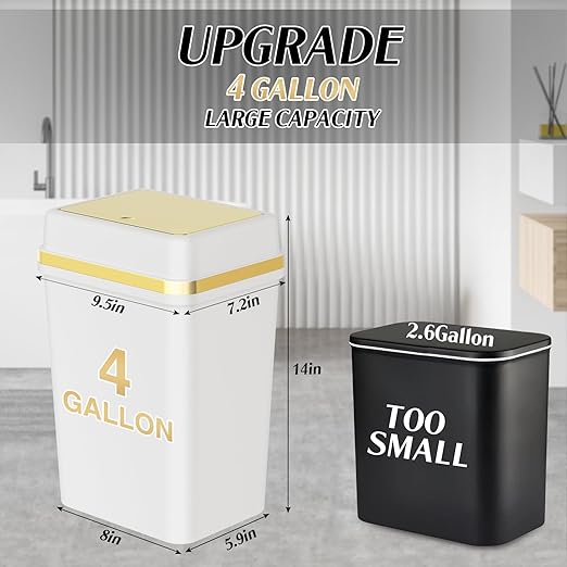 3 Pack Bathroom Trash Can with Lid 4 Gallon Small Trash Can with Press Top Lid White and Gold Bathroom Garbage Can with 150 Counts Trash Bags for Kitchen Bedroom Office