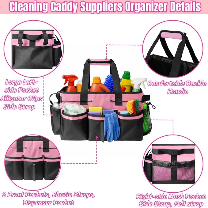 BLIRITEL Large Cleaning Caddy Bag with Handle, Cleaning Caddy Organizer with Shoulder Strap, Multi-Compartment Cleaning Supply Tote for Cleaners & Housekeepers (Pink)