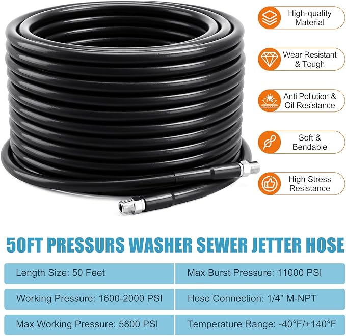 Sewer Jetter Kit for Pressure Washer 50FT, 5800 PSI Power Washer Drain Jetter Cleaner Hose with 1/4 Inch NPT Corner Rotating Nozzle and 4 Different Button Hose Sewer Jet Nozzles Cleaning Sewage Pipes