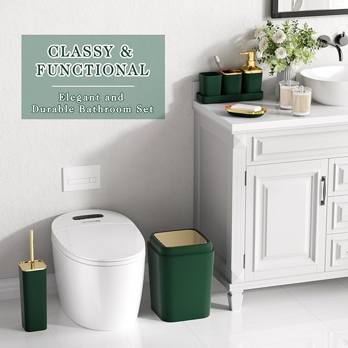 XLHOMO Bathroom Accessories Set, Green Bathroom Set, Dark Green Bathroom Accessory Set with Trash Can, Soap Dispenser, Soap Dish, Toothbrush Holder and Q-tip Holders