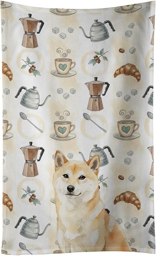 Caroline's Treasures Cream Shiba Inu Coffee Bar Kitchen Towel Velour Plush Front and Cotton Loop Back Machine Washable