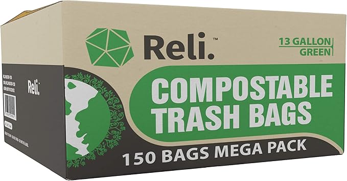 Reli. Compostable 13 Gallon Trash Bags | 150 Count Bulk | ASTM D6400 | Green | Eco-Friendly | For Compost