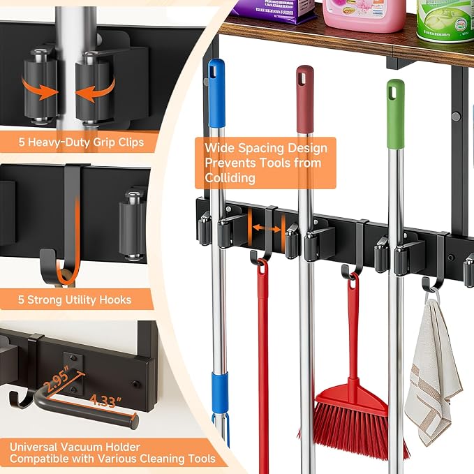 3 in 1Broom Holder Wall Mount,Laundry Room Organization and Storage Shelves with 5 Mop Hanger Rack Gripper Hooks,Utility Shelf Closet Organizer for Garage, Garden,Kitchen,Closet