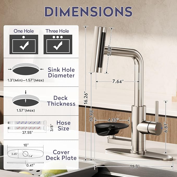 HOWUWEY Kitchen Faucet with Pull Down Sprayer & Cup Washer, Glass Rinser Faucet for Kitchen Sink, Single Handle Waterfall 1 or 3 Hole Tap for Bar Sink Farmhouse Camper Laundry Rv (Brushed Nickel)