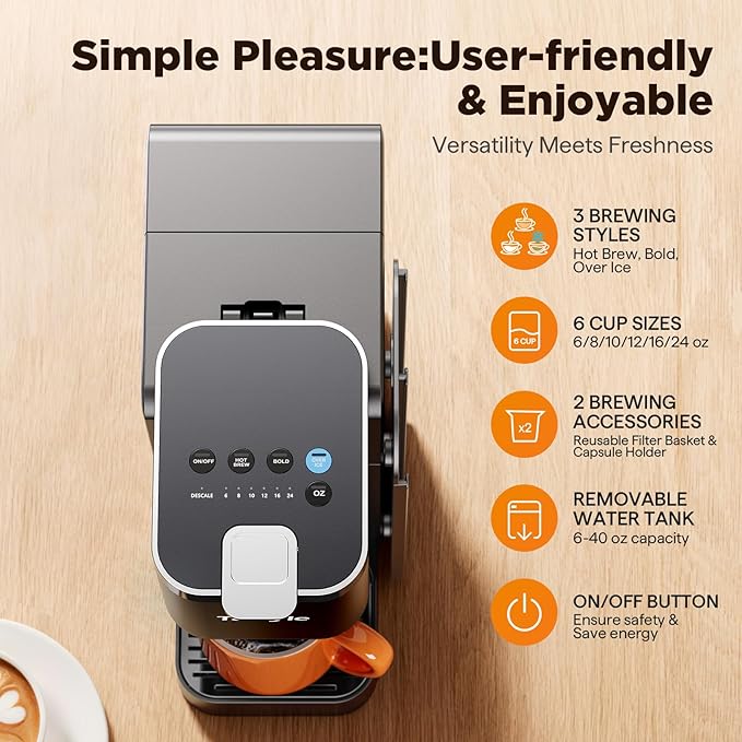Tastyle Hot & Iced Coffee Maker with Magnetic K-Pod Organizer (Pods Not Included), with 30 Descaler Cleaner Tablets, 4-5 Cups Coffee Maker & Single-serve Brewer for K Cup & Grounds