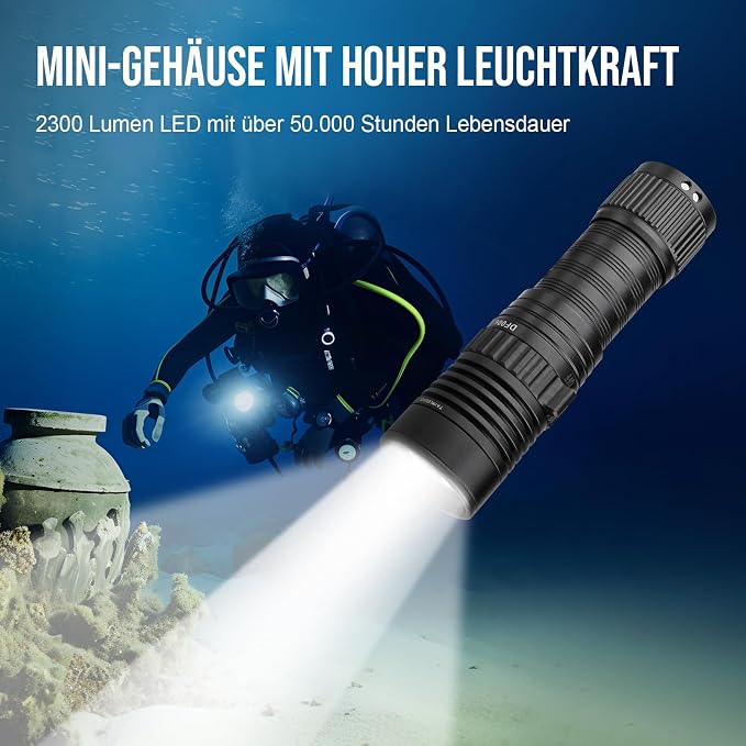 Trustfire DF006 Dive Light - 2300 Lumen Underwater Flashlight, 100 Meters Scuba Diving Light, IPX8 Waterproof, 3 Modes With Holder Glove
