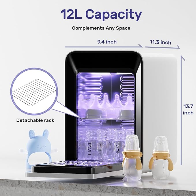 NCVI 12L UV-Light Baby Bottle Dryer Pro for Infant Can Hold 12 Baby Bottles, Stainless Steel Baby UV Household Box Cabinet for Baby Pacifiers/Silicone Teether Toys/Breast Pump Parts
