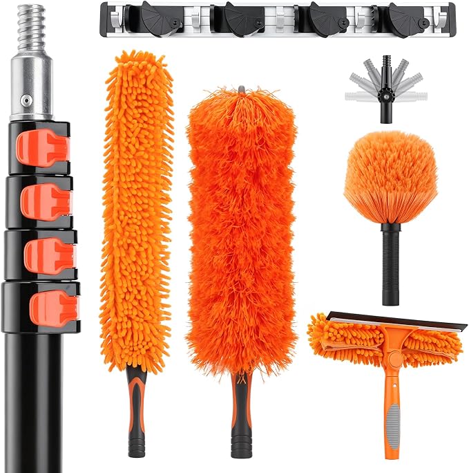 25 Foot High Ceiling Fan Duster Kit with 4.5-18ft Heavy Duty Extension Pole, Microfiber Feather Duster, Cobweb Duster, Ceiling Fan Duster and Window Squeegee, Long Dusters for Cleaning