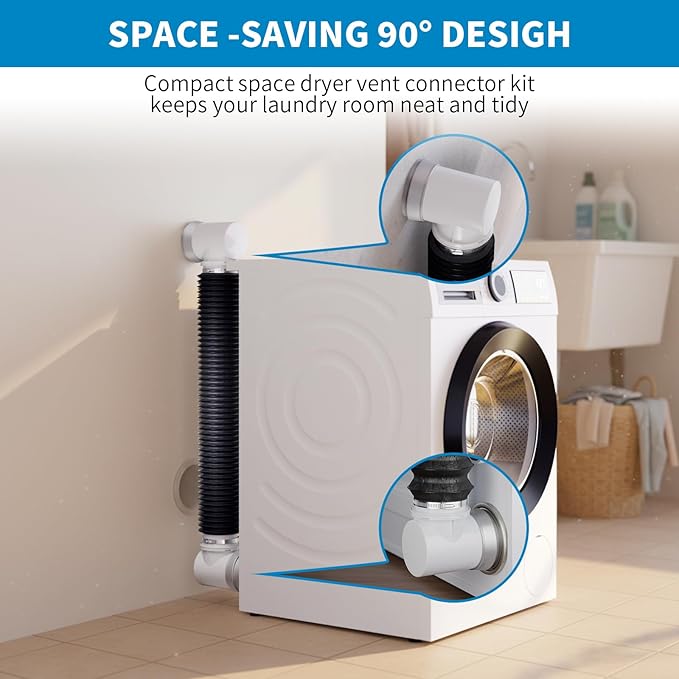 Hon&Guan Dryer Vent Hose for Tight Space 4 Inch, 8Ft Aluminum Exhaust Duct Hose with Dryer 90 Degree Elbow & Rubber Seal Connectors, Crush Proof Space-Saving Dryer Vent Hose for Clothes Dryer