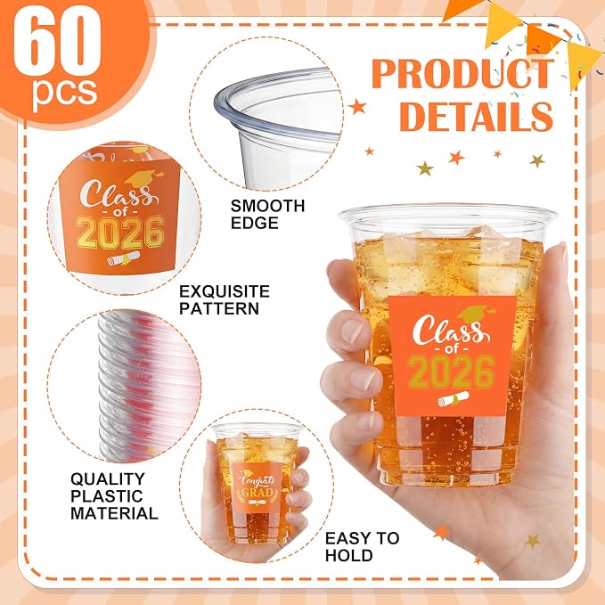 Amyhill 60 Pack 12oz Graduation Cups 2026 Graduation Decorations Disposable Plastic Cups Sturdy&Durable Drinkware for Class of 2026 Decorations Congrats Grad Party Favors Supplies (Orange)
