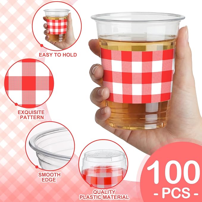 100 Pcs Red Gingham Plastic Cups 12 oz Red Checkered Plaid Disposable Plastic Drinking Cups Bulk for Baby Shower Wedding Birthday Christmas Party Decoration Supplies