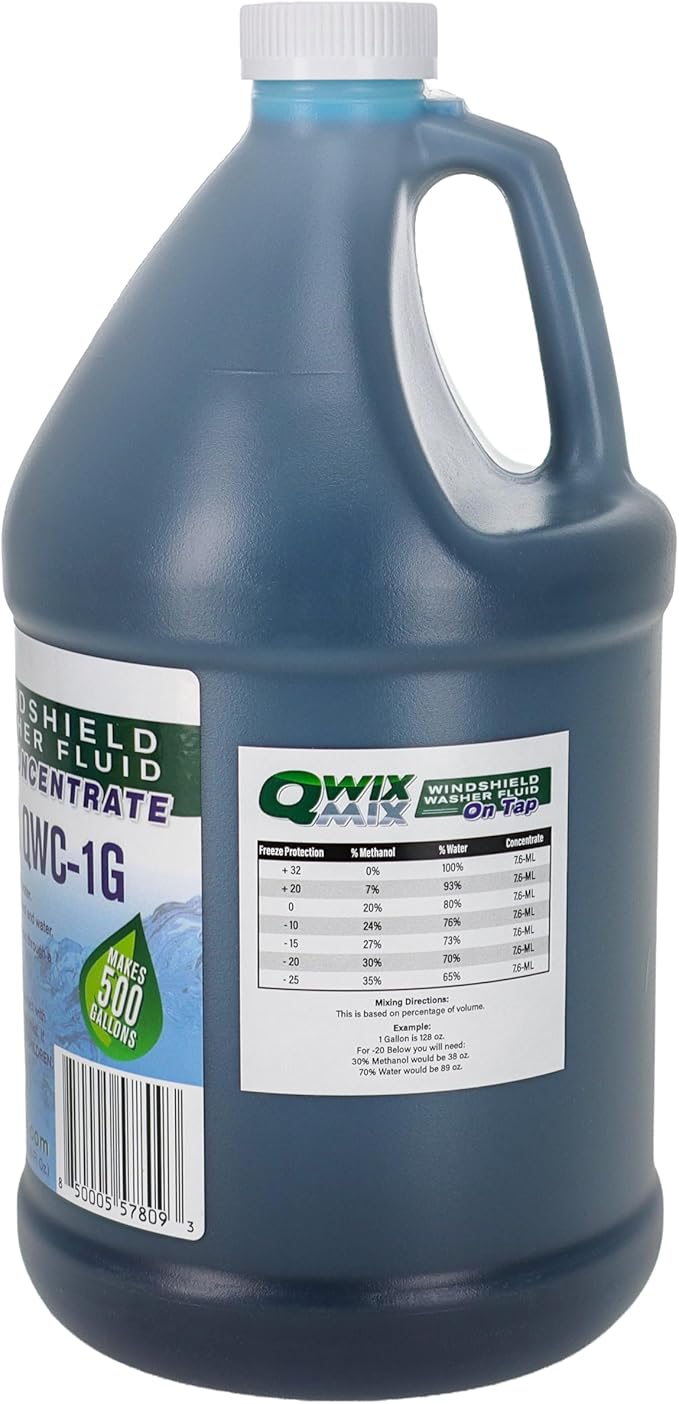 Qwix Mix 1-Gallon Windshield Washer Fluid Concentrate, Makes 500 Gallons, Biodegradable Bug, Grime & Dirt Remover Fluid, Commercial-Grade Streak-Free Glass Cleaner for Cars, Trucks & Fleets