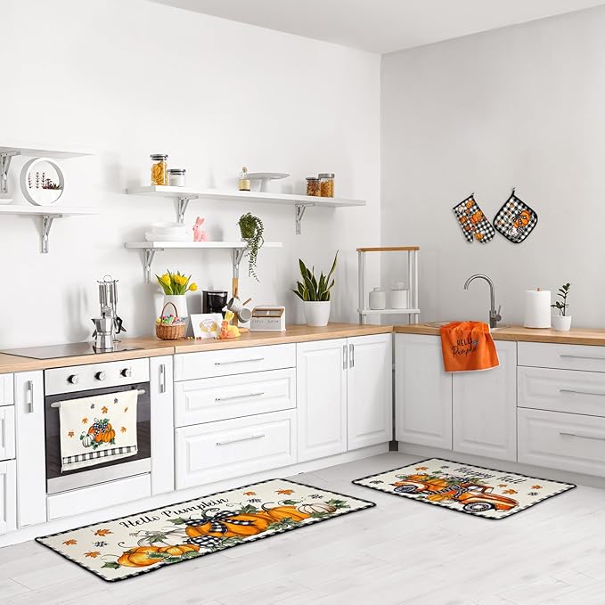 Fanfanwin 10 Pcs Thanksgiving Kitchen Decor Set Kitchen Towels Pot Holders Oven Mitts and Rugs Set Thanksgiving Decor for Baking Cooking Gift