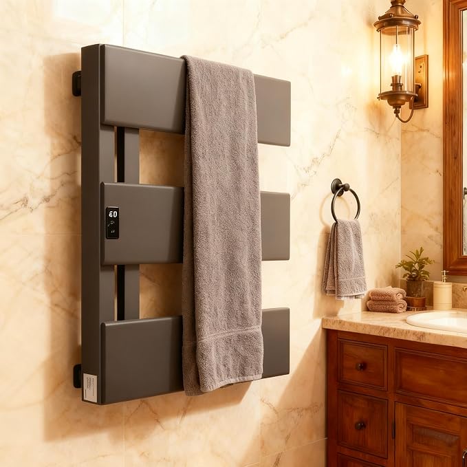 Verida Towel Warmer Rack, Support Hardwired and Plug-in, Wall-Mounted Electric Towel Heater, with Built-in Timer, Waterproof Aluminum Towel Warmer for Bathroom, LV-2S Gray