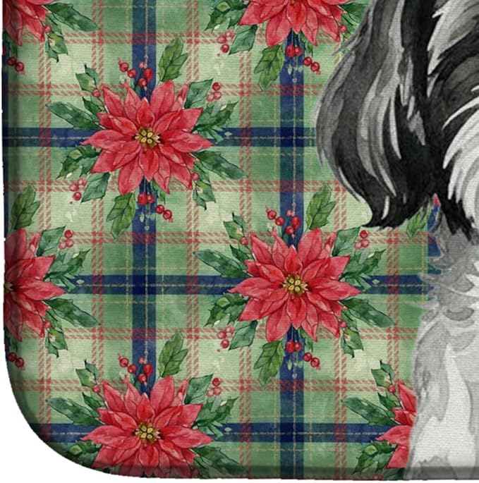 Caroline's Treasures Black and White Shih Tzu Christmas PoinsettIas Dish Drying Mat Absorbent Dish Drying Mat Pad for Kitchen Counter Dish Drainer Mat for Countertop, 14 x 21", Multicolor