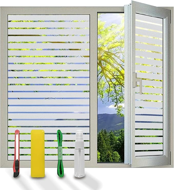 DERZGAO Window Privacy Film with Installation Tools, Stripe Window Film, Static Cling, Anti UV, Heat Control, Ideal for Home Shower Office Glass Door (Stripes Pattern, 35.4X78.7Inch)