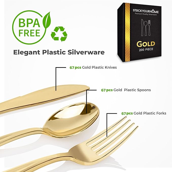 Gold Plastic Silverware Set (200-Pack) – Disposable Heavy Duty Cutlery, 67 Forks, 67 Knives, 67 Spoons for Parties, Weddings, Dinners & Holidays