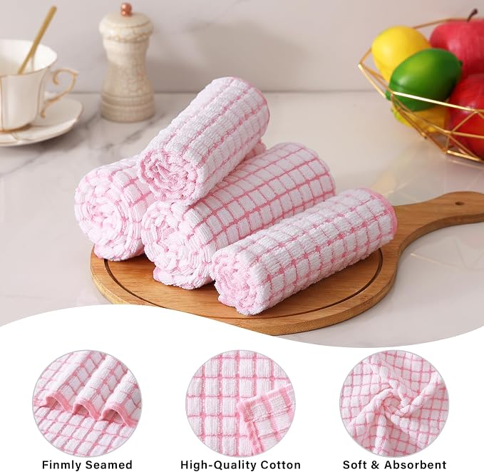 Kitinjoy Cotton 12 Pack Terry Kitchen Towels, 16 x 25 Inches Super Soft and Absorbent Dish Towels, Quick Drying Hand Towels for Kitchen Drying, Pink