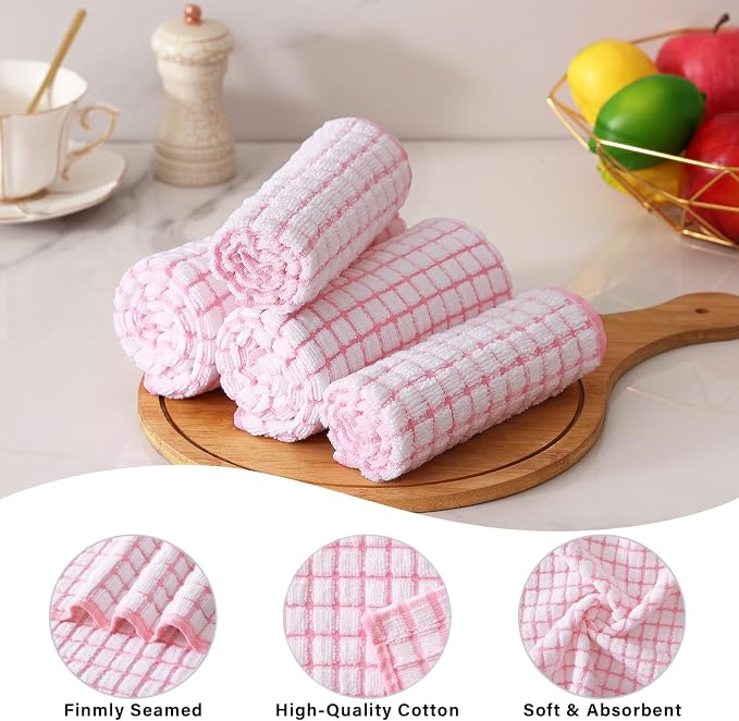 Kitinjoy Cotton 16 Pack Kitchen Towels and Dishcloths Sets, 16 x 25 Inch & 12 X 12 Inch Dish Towels Bulk, Super Soft and Absorbent Hand Towels for Kitchen Drying, Pink