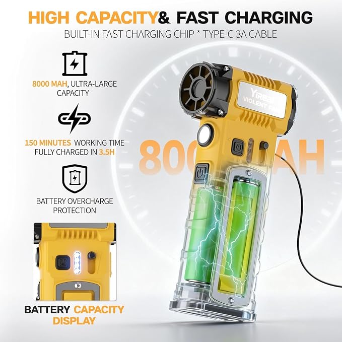 Compressed Air Duster,7-in-1 Electric Mini Dust Blower with LED Light, 8000mAh 300000RPM Rechargeable Air Duster for PC Keyboard Computer Car Vents Electronics Cleaner Home and Outdoor（Yellow）