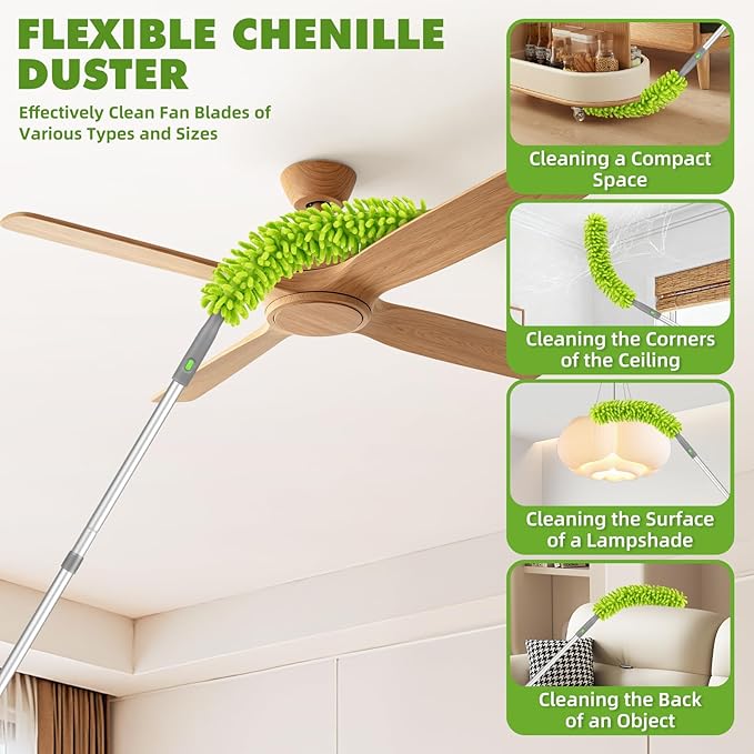Ceiling Fan Cleaner Duster with 6 Ft/77'' Extendable Long Handle Multi-Functional Chenille Fan Duster for Ceiling Fan Blades, Blind, Cobweb, Vent, Wall