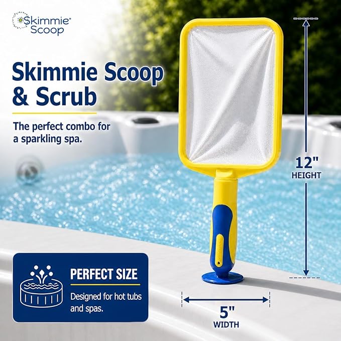The Skimmie Scoop - Patented Handheld Skimmer with Fine Mesh Net for Spa, Hot Tub, Cold Plunge and Small Pool Cleaning - Lightweight and Durable with Powerful Suction Cup - Clean Out Filter (Yellow)