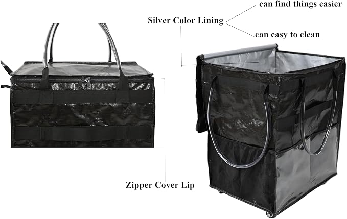 Reusable Grocery Bag On Wheels Large Capacity Shopping Trolley Foldable Rolling Tote with Outside Pocket, Heavy Duty Handle (Black, Large)