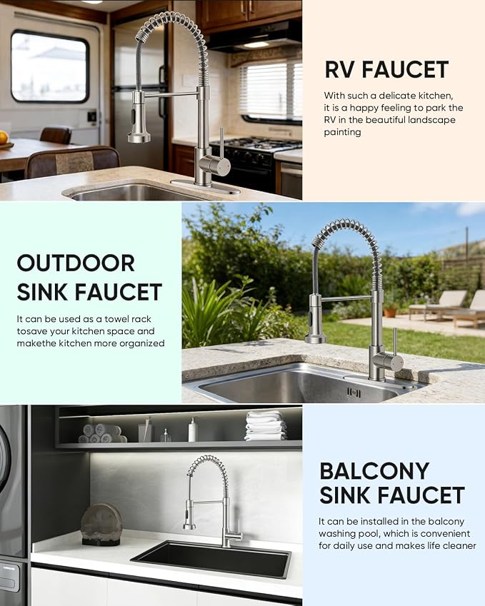 Kitchen Faucets, Brushed Nickel Kitchen Sink Faucet with Pull Down Sprayer Single Handle with Deck Plate Stainless Steel, Suitable for Farmhouse Camper Laundry Rv Bar - OWOFAN 9009SN