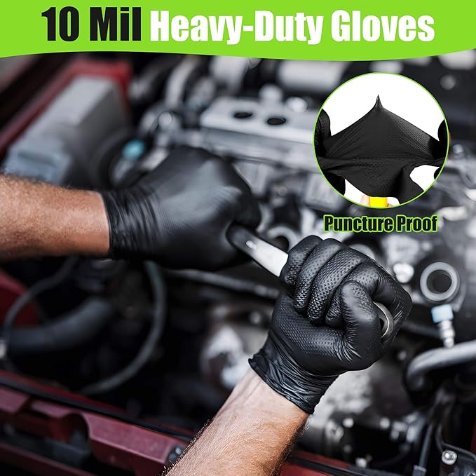 TREEGO 10 Mil Black Nitrile Gloves Bulk Case, 1000 Count Medium — Heavy Duty Diamond Grip, Latex Free Disposable Gloves for Automotive, Industrial, Warehouse & Shop Use