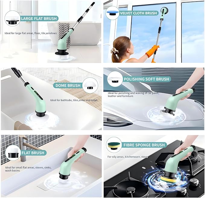 Electric Spin Scrubber, Cordless Electric Scrubber for Cleaning Bathroom,Power Shower Scrubber with Long Handle,Electric Cleaning Brush with 9 Brush Heads for Bathroom,Tub,Floor,Kitchen,Window,Car