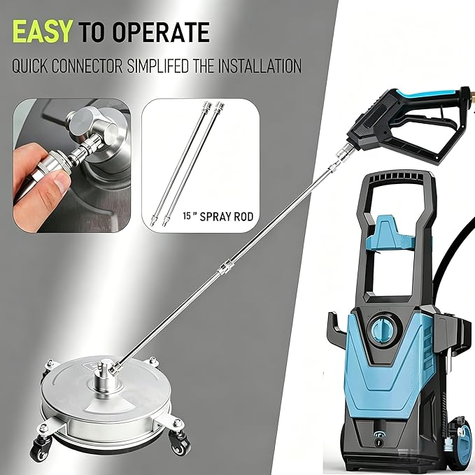 Hourleey 16" Pressure Washer Surface Cleaner, Stainless Steel Surface Cleaner with 4 Wheels for Concrete, Patio, Sidewalk, Deck, Pathway 1/4" Quick Connector, 2 Extension Wand, 4000 PSI