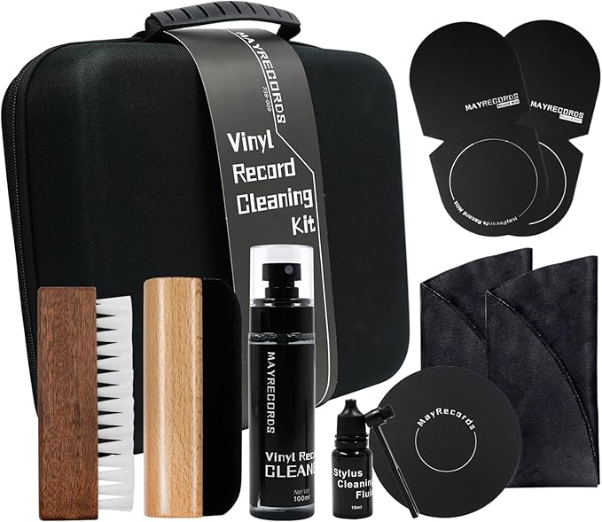 sdroceRyaM Vinyl Record Cleaning Kit 9 -in-1 Vinyl Records Cleaner Kit Soft Velvet & Record Brushes, LP Cleaning Brush, Anti-Static Microfiber Cloth, Record Mitts, Needle Brush, Storage Box