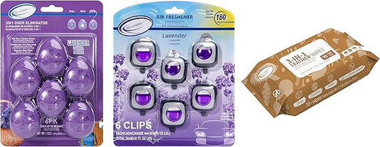 Air Jungles Lavender Fresh Bundle – 3-in-1 Odor Eliminator Balls (6 Count), Lavender Car Air Freshener Clips (6 Pack), and 3-in-1 Leather Cleaner Wipes (70 Count)