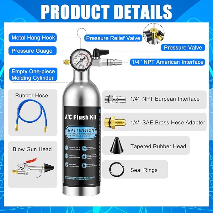 Rossesay AC Flush Kit Air Conditioner System Flush Canister Kit AC Drain Line Cleaner Tool Conditioning Pipeline Set with Gauge, Air Fittings and Hose for Car Conditioner Pipe(Blue,Classic)