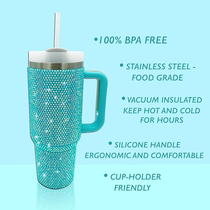 40oz Bling Tumbler with Handle and Straw Lid Rhinestone Studded Tumbler Cups Vacuum Insulated Stainless Steel Double Wall Water Bottle Travel Mug Gifts for Women Her (Blue)