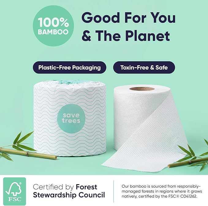 Save Trees Bamboo Toilet Paper - 12 Rolls Of Organic Toilet Paper, 3-ply, 300 Sheets Per Roll - PFAS Free, FSC Certified, Plastic Free, Vegan & Chemical Free Bamboo TP