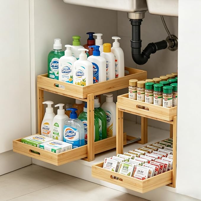 Under Sink Organizer and Storage - 2-Tier Bamboo Kitchen Cabinet Shelf with Adjustable Levels, Undersink Organization Slide Out for Bathroom Cabinet Pantry(Natural, 2 Packs)