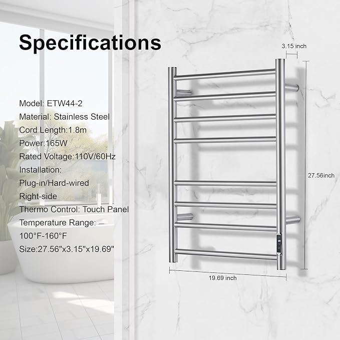 Towel Warmer Bathroom Wall Mounted Drying Rack Plug-in Electric Heated Towel Rack Stainless Steel Brushed Timer & Temperature Control 8 Bar