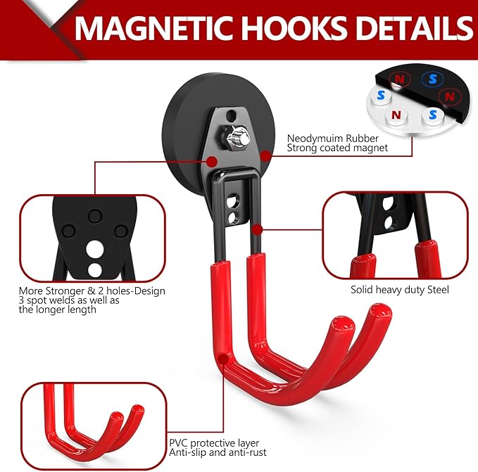 3-H Extra Strong Magnetic Hooks,Heavy Duty Large Anti-Slip Magnet Hooks J Shape,No-Drill Tool Holder for Garage,Power Drill,Garden Tools,Hose Storage,4 Pack Red