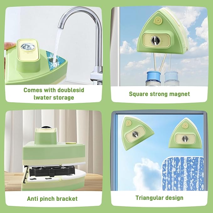 Double-Sided Magnetic Window Cleaner - Adjustable Magnetic Double Window Wiper, Fits 3-30 mm Glass Thickness, 2.5m Safety Rope for High-Rise & Auto Glass, Safe Anti-Pinch Wiper(Green)