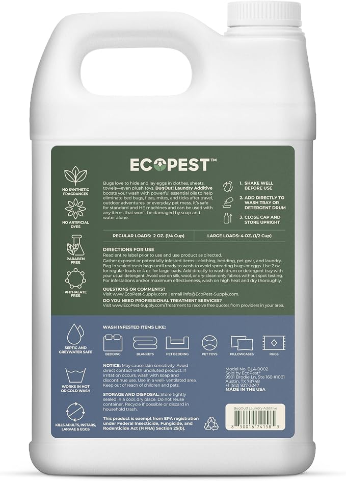 BugOut! Laundry Additive – Natural Detergent Booster for Bed Bug, Mite, Flea, Tick & Carpet Beetle Treatment | Plant-Based Killer, Made with Fabric-Safe Soap | Works in Hot and Cold Wash (1 Gallon)