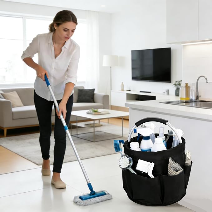 JINGYAN 17L Large Collapsible Folding Cleaning Caddy with Handle & 6 Side Pockets – Portable Waterproof Bucket Tote for Cleaning Supplies, Housekeeping, Laundry, Bathroom & Outdoor Storage