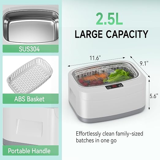 KUNPHY Fruit and Vegetable Washing Machine, Fruit Cleaner 2.5L 40kHz, 3 Timers Ultrasonic Vegetable Cleaner for Family Cleaning