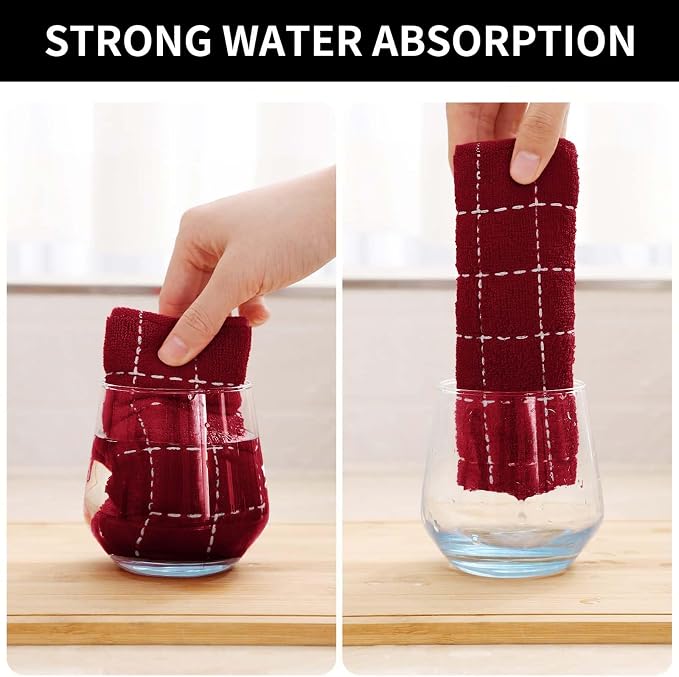Homaxy Kitchen Towels and Dishcloths Set, 12 x 12 and 13 x 28 Inches, Set of 12 Bulk Cotton Terry Kitchen Towels Set, Checkered Designed, Soft and Super Absorbent Dish Towels, Brick Red